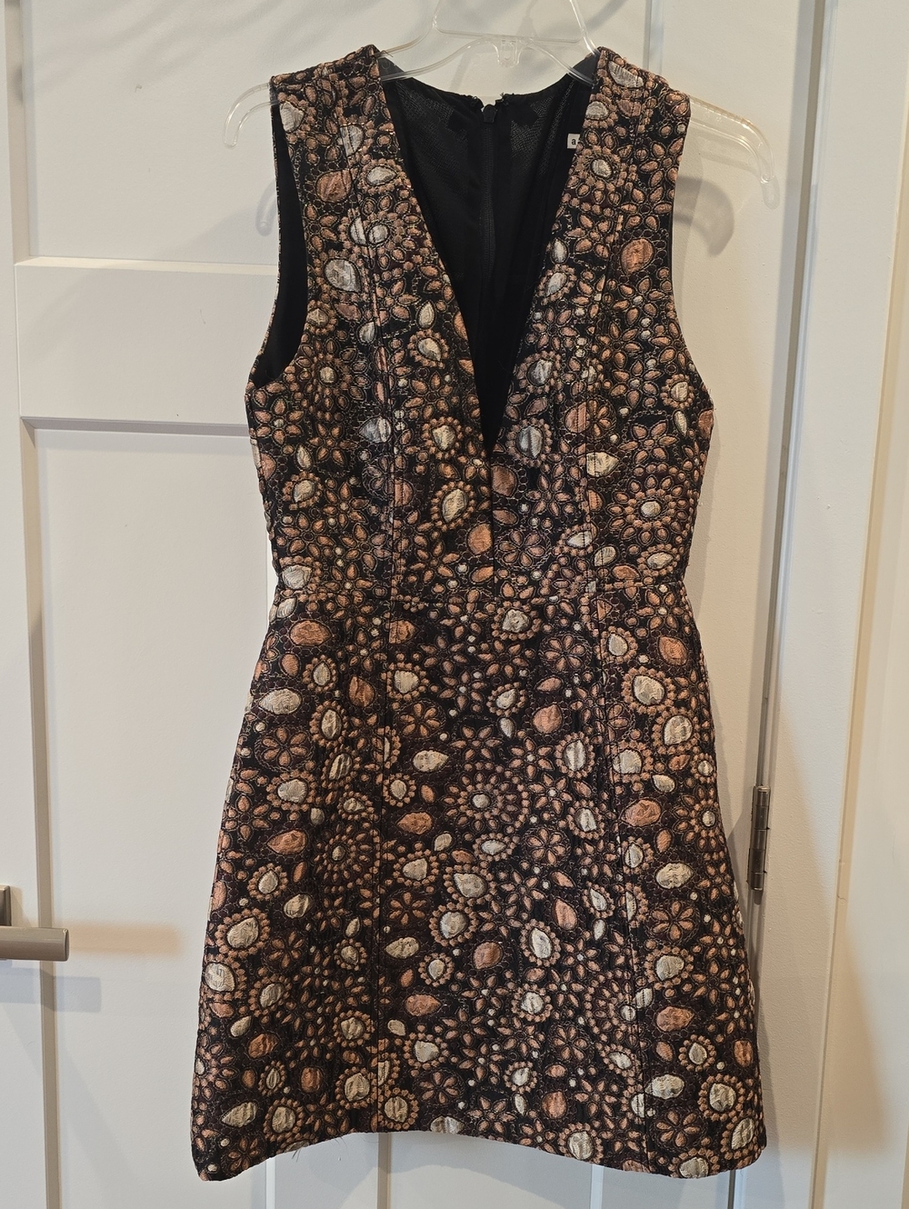 Alice + Olivia Brown & Copper Floral Brocade V-Neck Dress with Rose Gold Accents